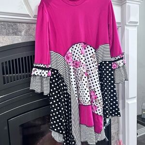 Women's Mixed-Pattern Ruffle Sleeve Blouse - Hot Pink